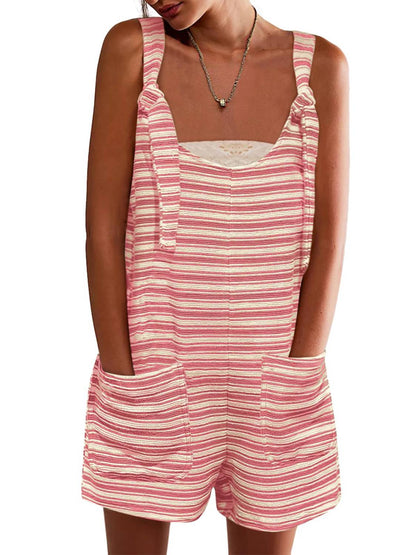 Womens Casual Loose Striped Tied Shorts Overalls Romper with Pockets