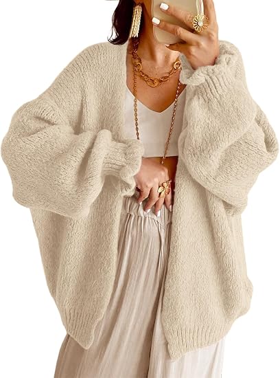 Women Oversized Open‑Front Knit Cardigan Long Balloon Sleeve Loose Sweater Coat