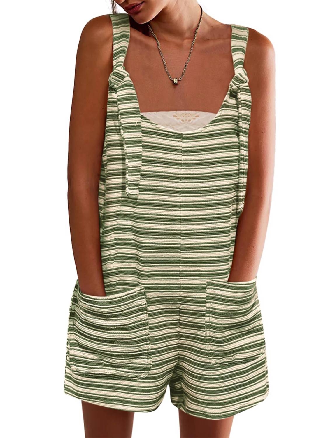 Womens Casual Loose Striped Tied Shorts Overalls Romper with Pockets