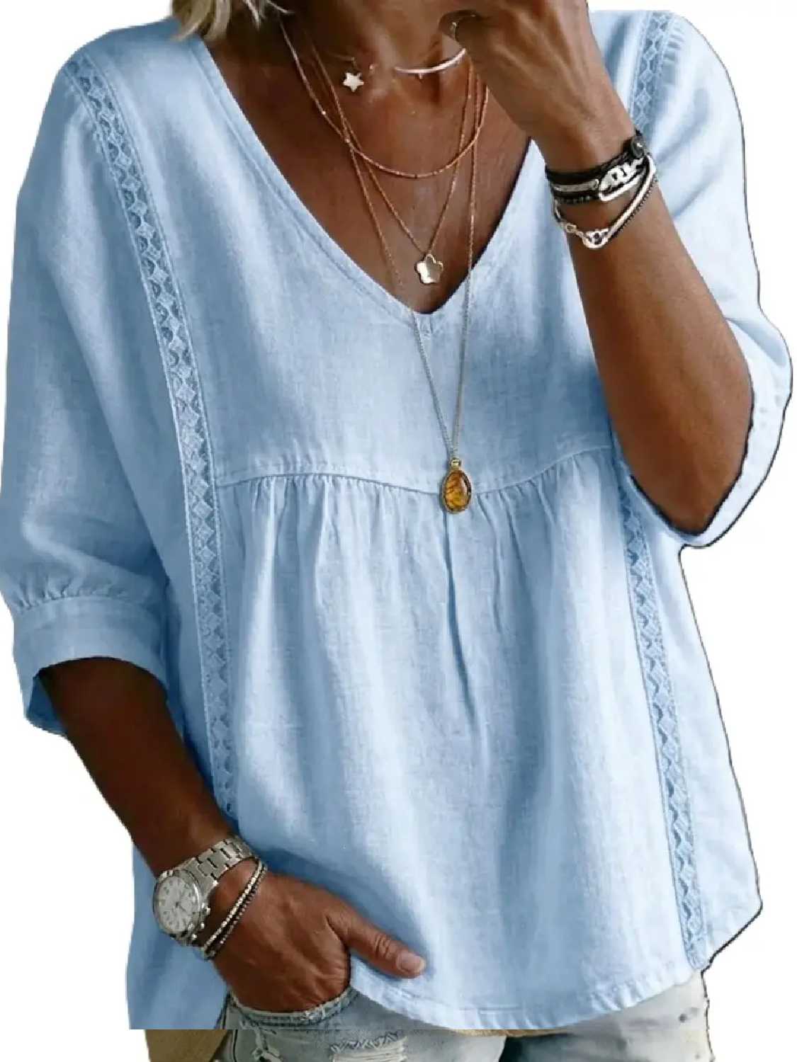 Women's 3/4-Length Puff Sleeves V-Neck Lace Blouse