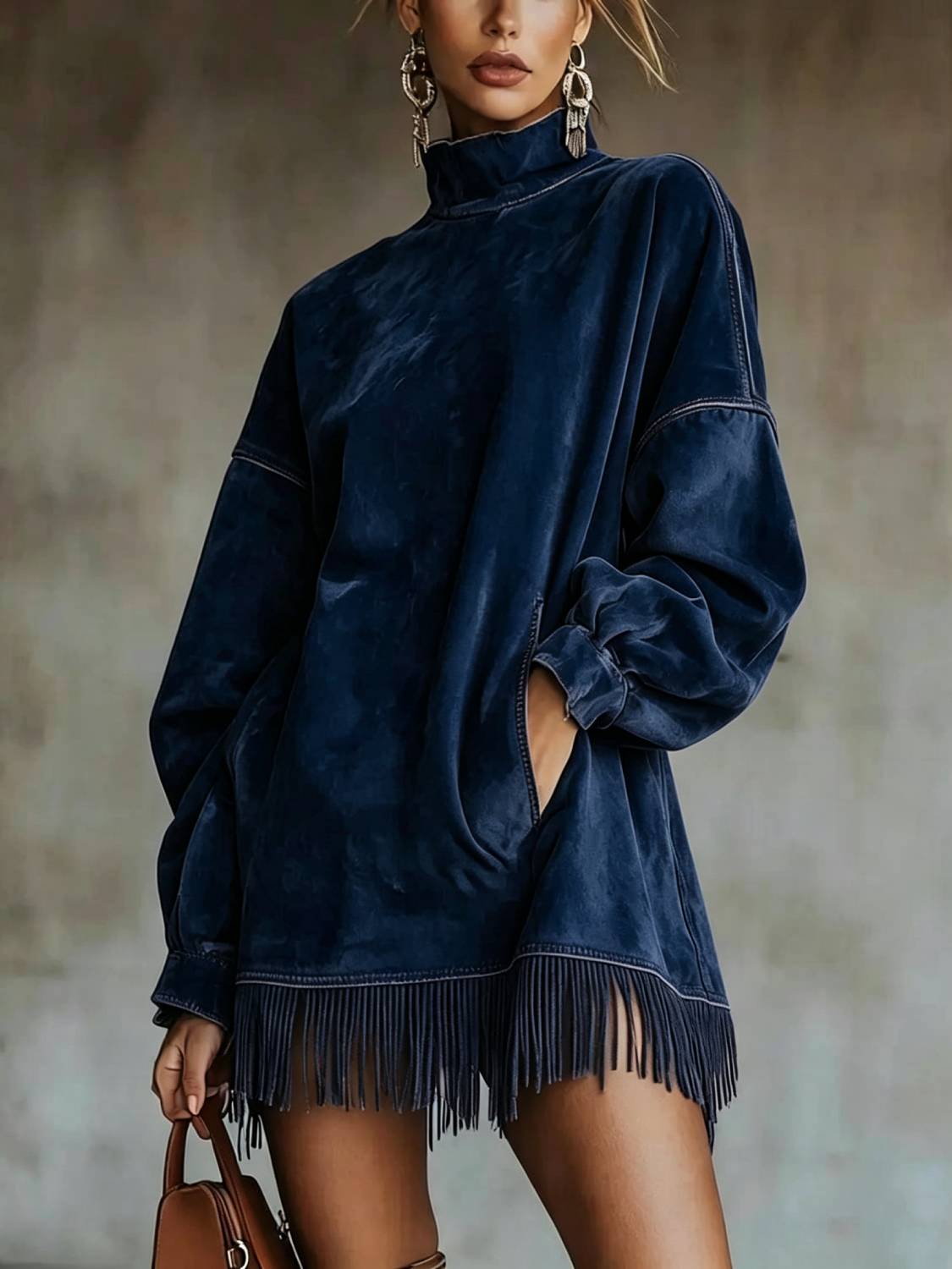 Women's High Neck Oversized Fringe Sweatshirt Dress with Side Pockets