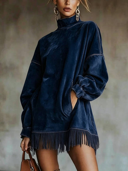 Women's High Neck Oversized Fringe Sweatshirt Dress with Side Pockets