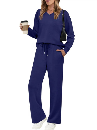 Women’s V‑Neck Top & Drawstring Wide‑Leg Pants 2‑Piece Outfit Set