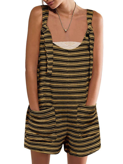 Womens Casual Loose Striped Tied Shorts Overalls Romper with Pockets