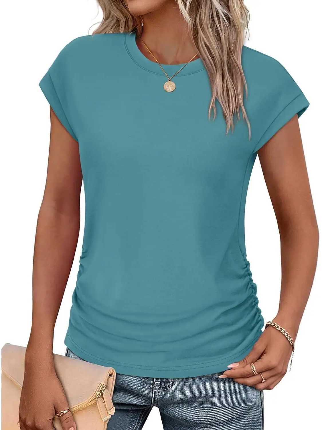 Womens Crew Neck Ruched Cap Short Sleeve Tshirts Shirts