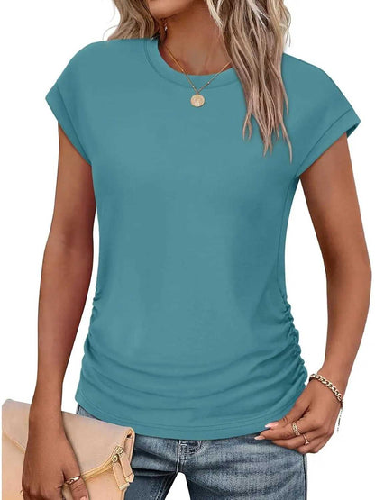 Womens Crew Neck Ruched Cap Short Sleeve Tshirts Shirts