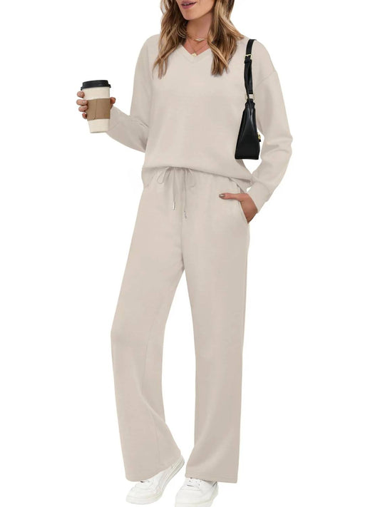 Women’s V‑Neck Top & Drawstring Wide‑Leg Pants 2‑Piece Outfit Set