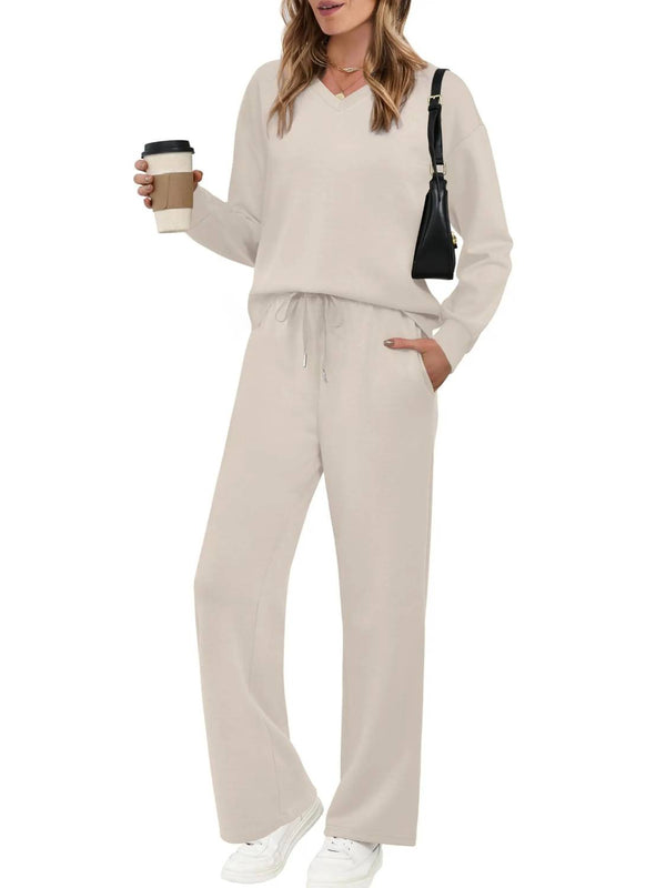 Women’s V‑Neck Top & Drawstring Wide‑Leg Pants 2‑Piece Outfit Set