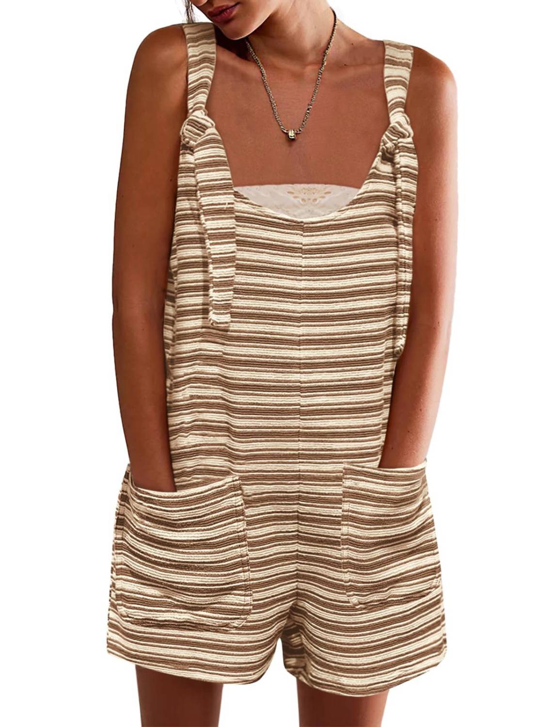 Womens Casual Loose Striped Tied Shorts Overalls Romper with Pockets