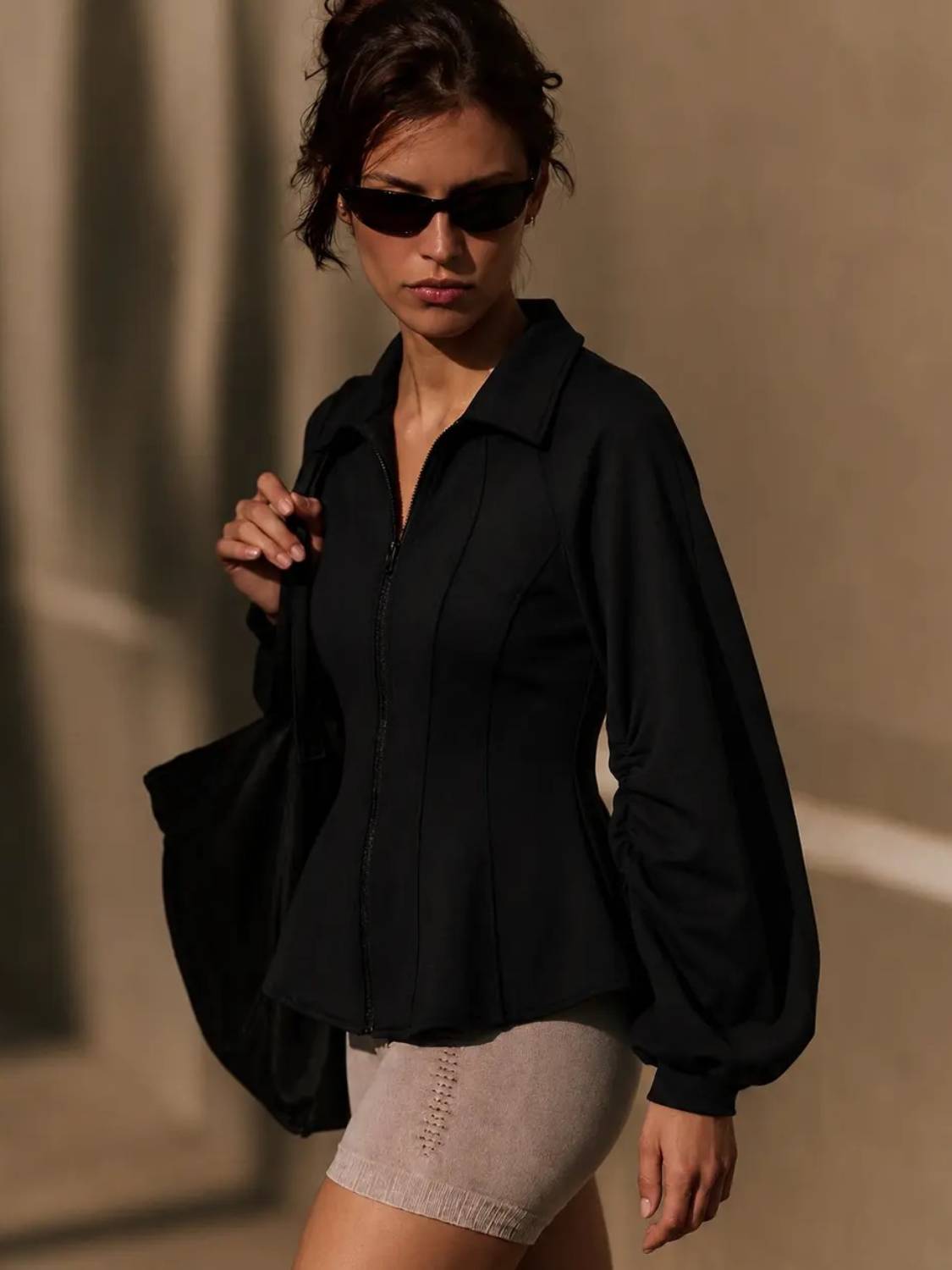 Women's Zip Up Ruched Sleeve Peplum Hem Jacket