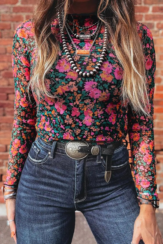 Women's Slim Fit Vibrant Floral Mesh Top