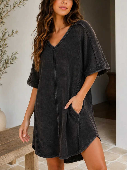 Women's Casual Ribbed Acid Washed Dress