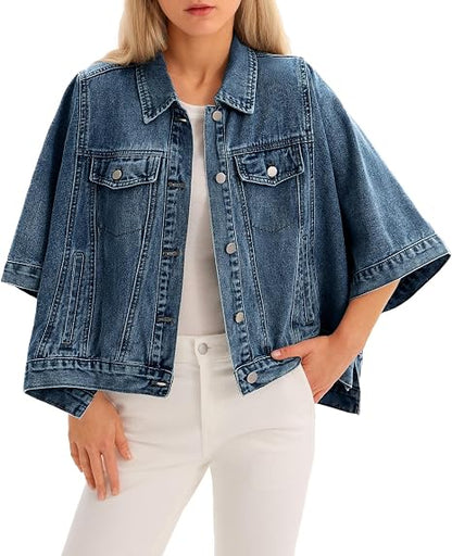 Women Trendy Cropped Cape‑Style Denim Shacket Half Sleeve Oversized Jean Jacket