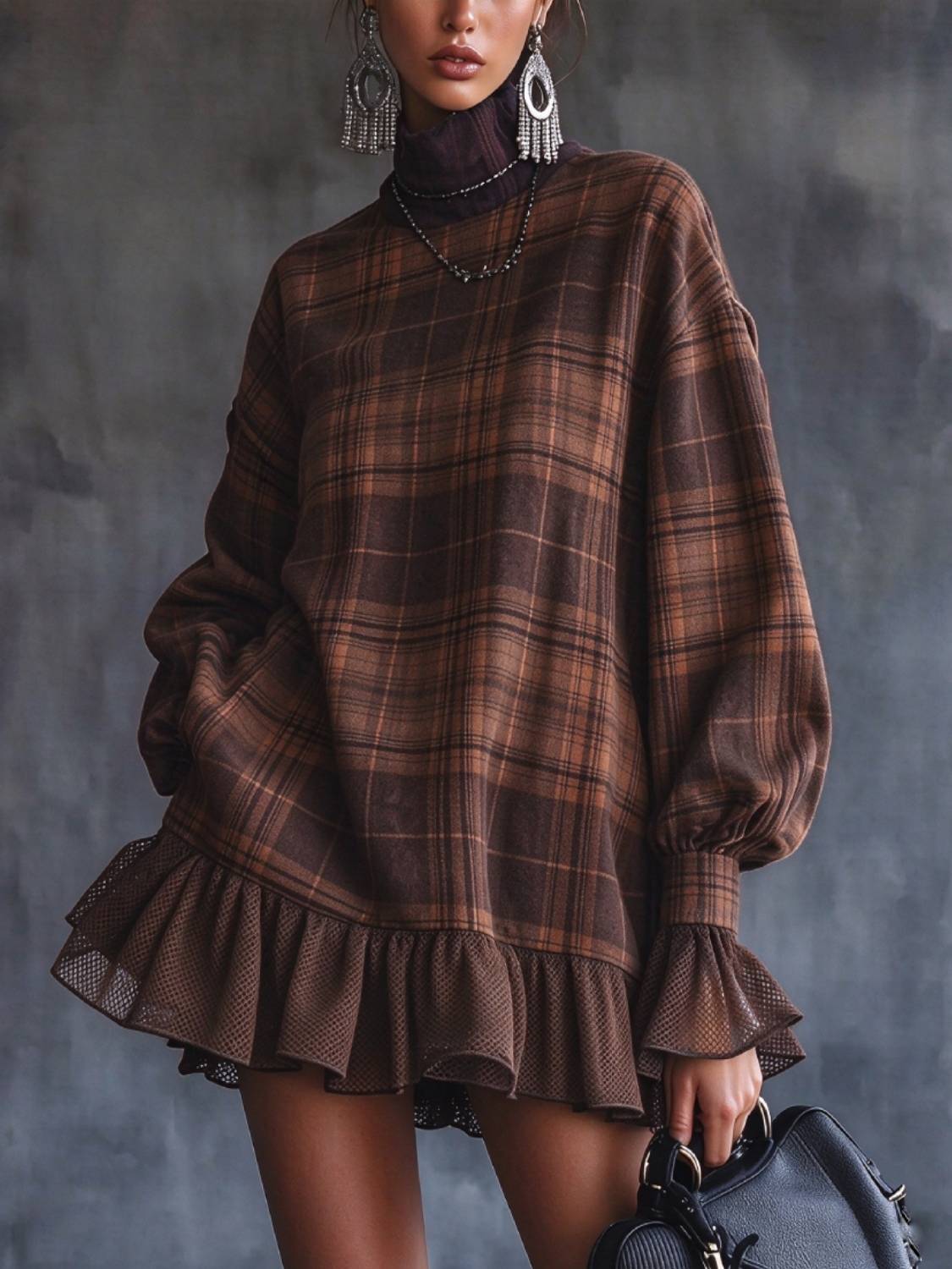 Women's Vintage Mock Neck Plaid Casual Dress