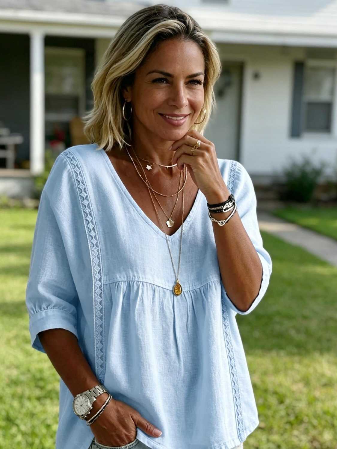 Women's 3/4-Length Puff Sleeves V-Neck Lace Blouse