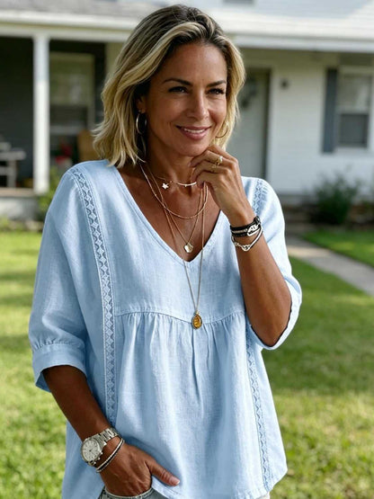 Women's 3/4-Length Puff Sleeves V-Neck Lace Blouse