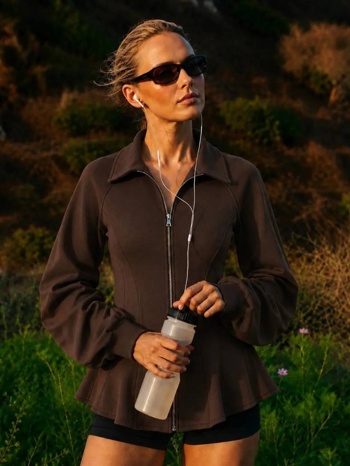 Women's Zip Up Ruched Sleeve Peplum Hem Jacket