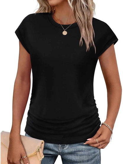 Womens Crew Neck Ruched Cap Short Sleeve Tshirts Shirts