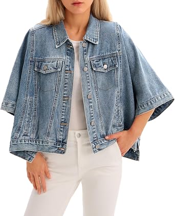 Women Trendy Cropped Cape‑Style Denim Shacket Half Sleeve Oversized Jean Jacket