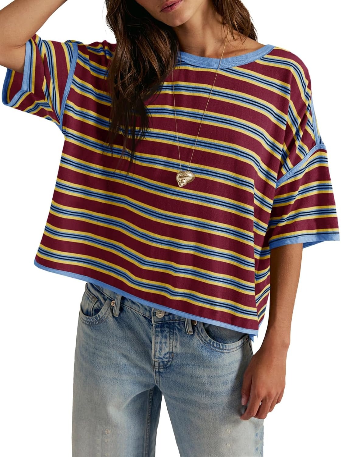 Womens Oversized Striped T-Shirts Color Block Short Sleeve Tops Drop Shoulder Tees