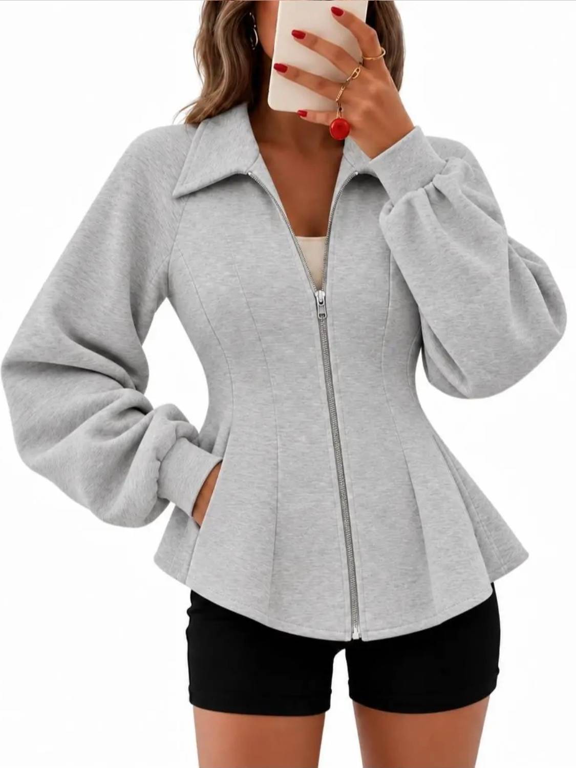 Women's Zip Up Ruched Sleeve Peplum Hem Jacket
