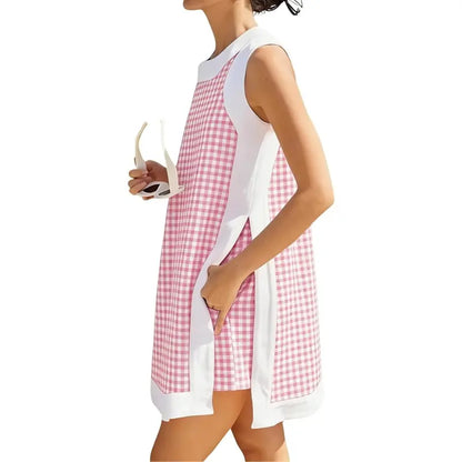Gingham Plaid Color Block Sleeveless Tunic Top Shorts 2 Piece Set