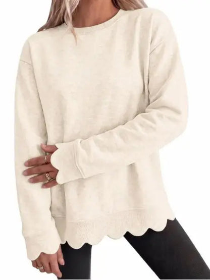 Women Oversized Long Sleeve Sweatshirt With Scallop Cuff And Hem