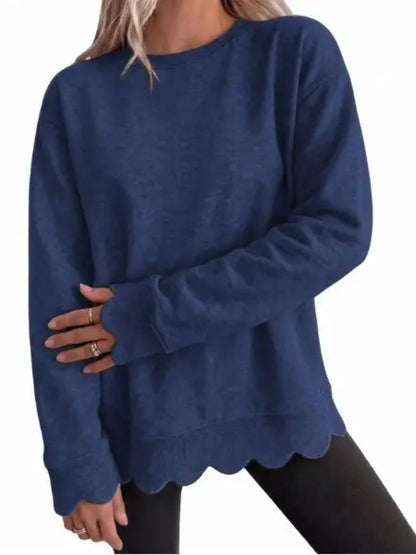 Women Oversized Long Sleeve Sweatshirt With Scallop Cuff And Hem
