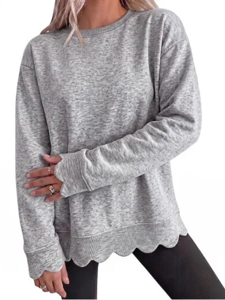 Women Oversized Long Sleeve Sweatshirt With Scallop Cuff And Hem