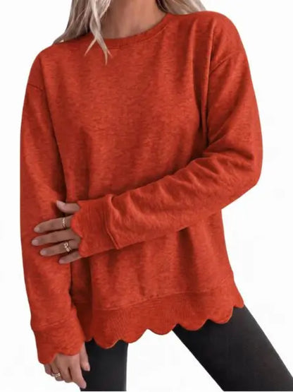 Women Oversized Long Sleeve Sweatshirt With Scallop Cuff And Hem