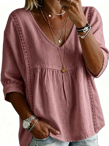Women's 3/4-Length Puff Sleeves V-Neck Lace Blouse