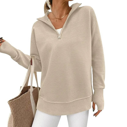 Women Oversized Half Zip Collar Vertical Rib Long Sleeve Knit Top