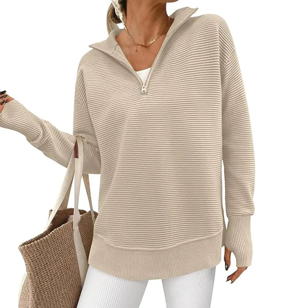 Women Oversized Half Zip Collar Vertical Rib Long Sleeve Knit Top