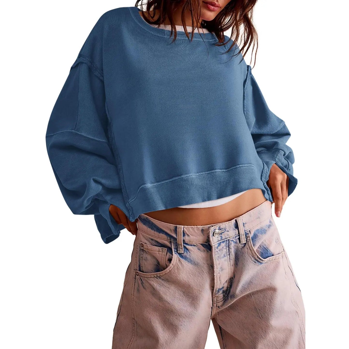 Women Solid Crew Neck Raw Stitch Detail Loose Cropped Sweatshirt