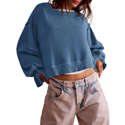 Women Solid Crew Neck Raw Stitch Detail Loose Cropped Sweatshirt