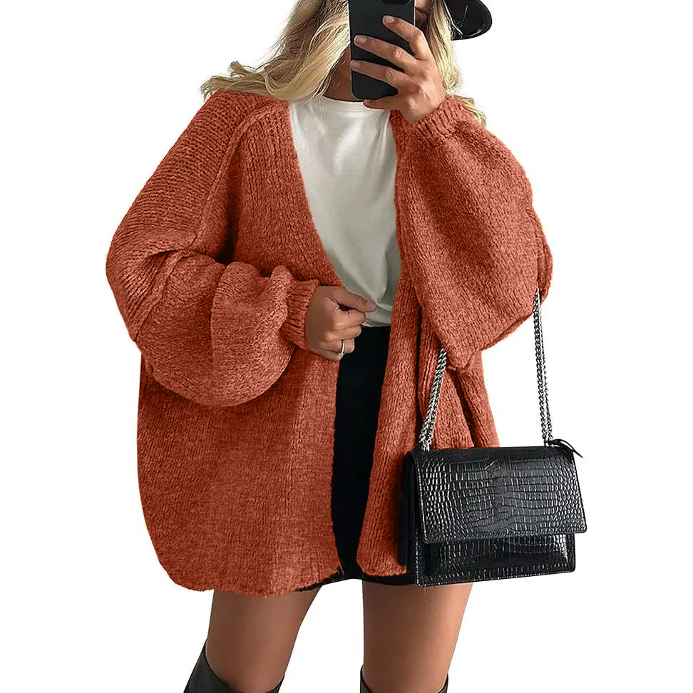 Oversized Lantern Sleeve Open Front Knit Cardigan