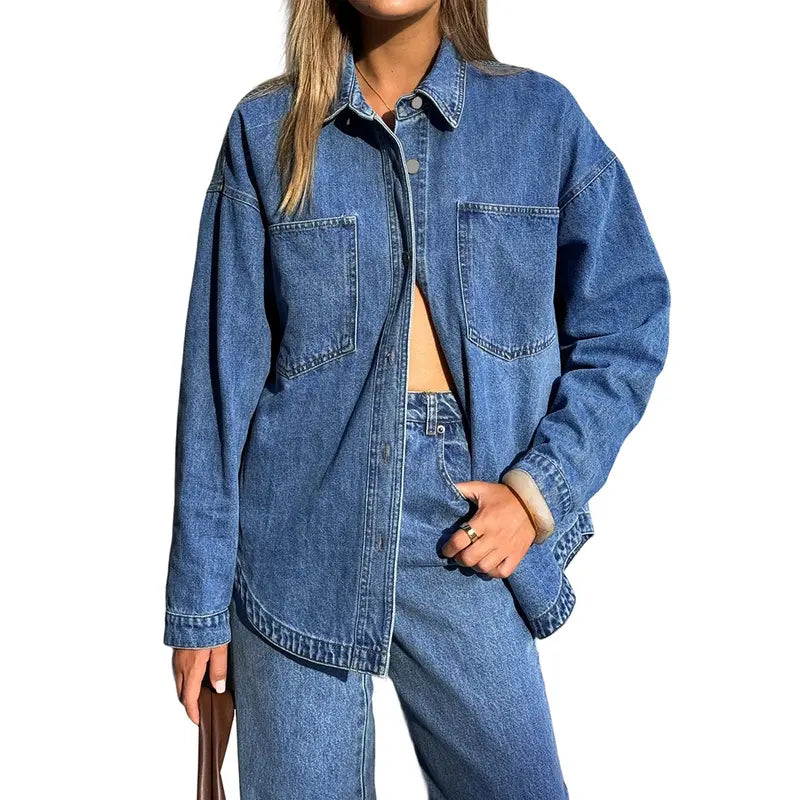 Women Vintage Washed Denim Shacket Long Sleeve Oversized Shacket