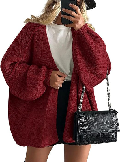 Oversized Lantern Sleeve Open Front Knit Cardigan