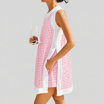 Gingham Plaid Color Block Sleeveless Tunic Top Shorts 2 Piece Set