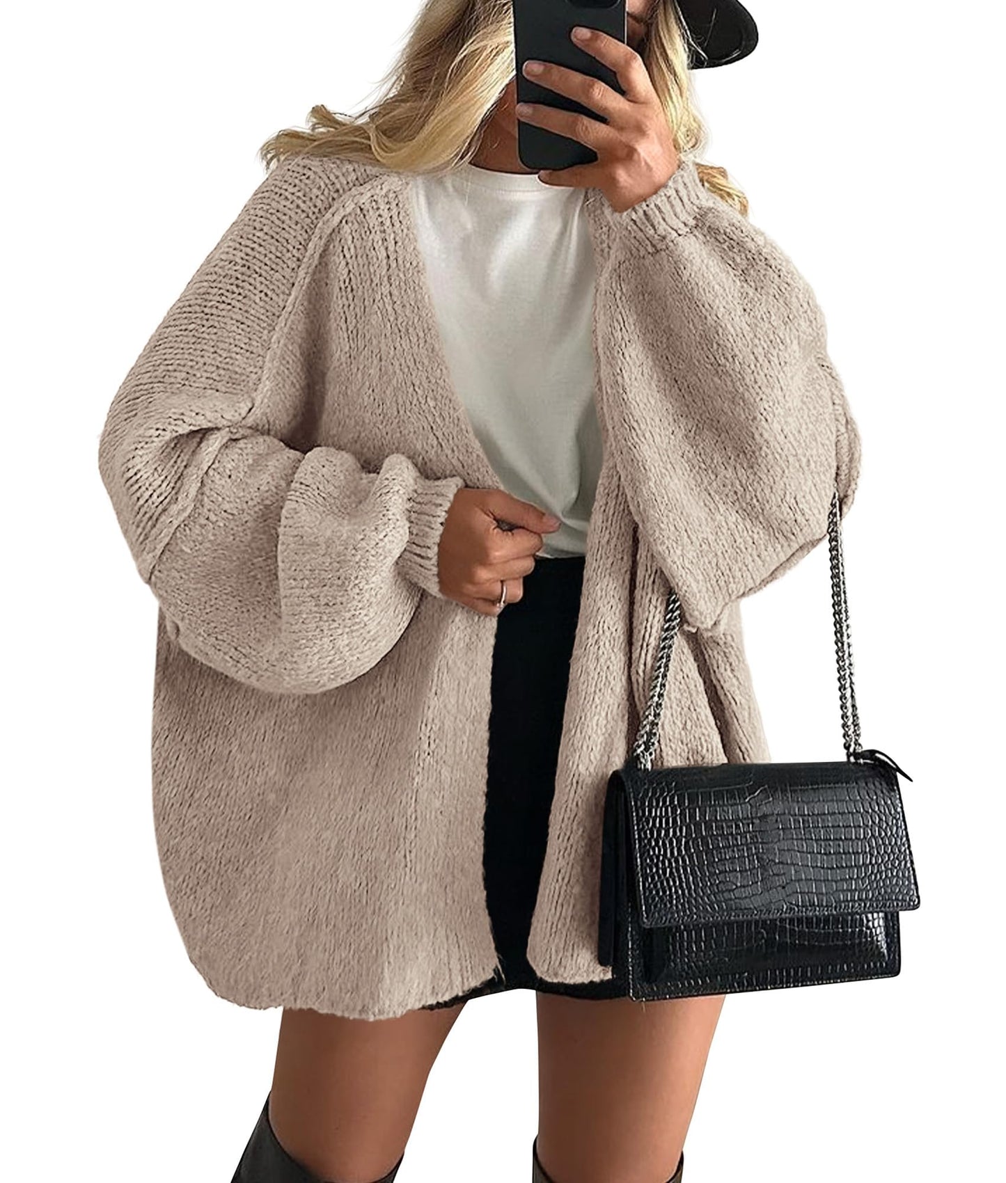 Oversized Lantern Sleeve Open Front Knit Cardigan