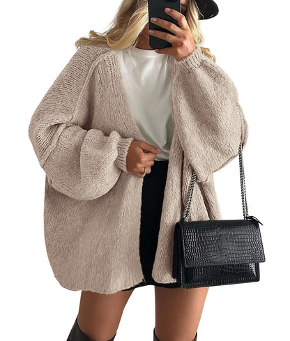 Oversized Lantern Sleeve Open Front Knit Cardigan