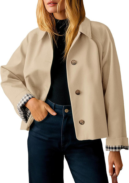 Womens Cropped Trench Coat Lightweight  Jacket Fall Windbreaker  Outerwear