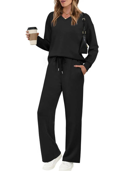 Women’s V‑Neck Top & Drawstring Wide‑Leg Pants 2‑Piece Outfit Set