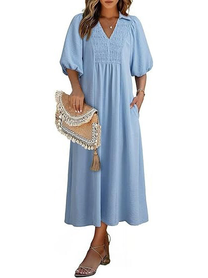 Women's Puff Sleeve V-neck Flowing Maxi Dress