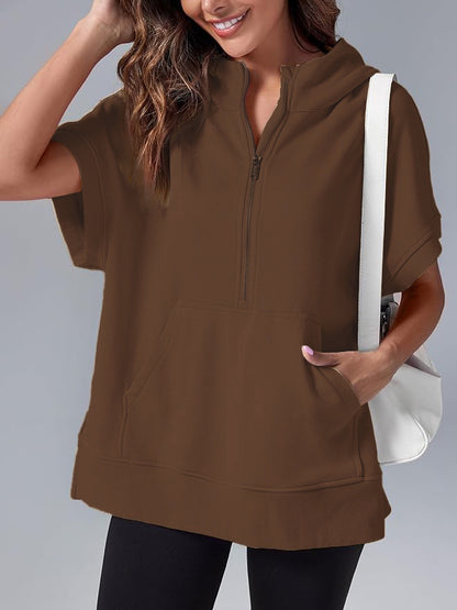 Women's Oversized Casual Half Zip Short Sleeve Pullover Tops with Pockets