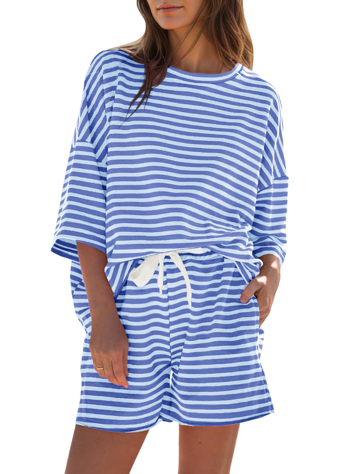 Womens Striped 3/4 Sleeve Oversized Tops High Waisted Shorts Casual Lounge Sets