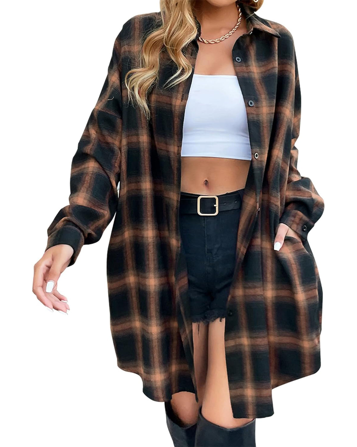 Women's Flannel Shirts Plaid Shacket Collared Long Jacket Coats