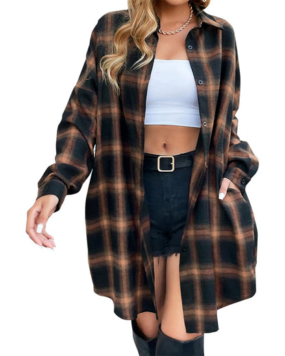 Women's Flannel Shirts Plaid Shacket Collared Long Jacket Coats
