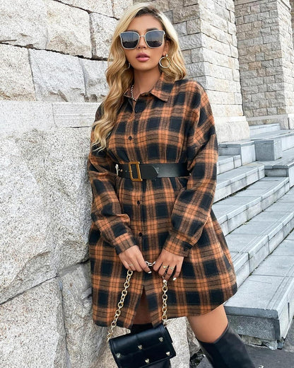 Women's Flannel Shirts Plaid Shacket Collared Long Jacket Coats