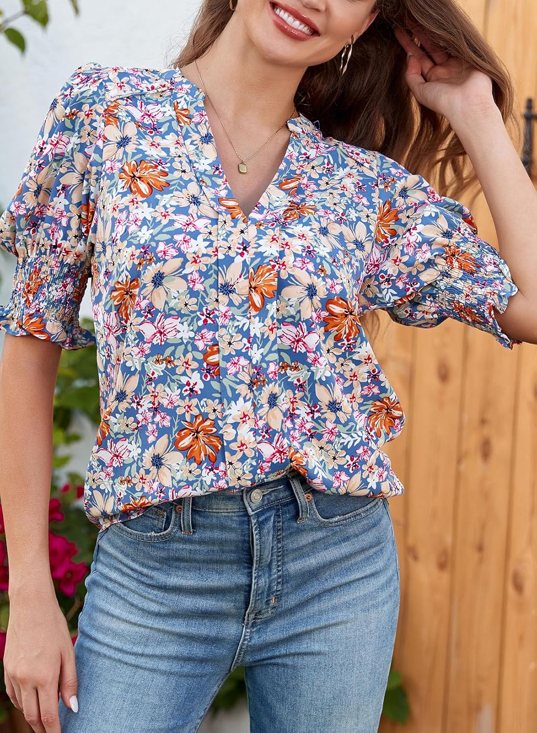 Floral V-Neck Puff Sleeve Blouse